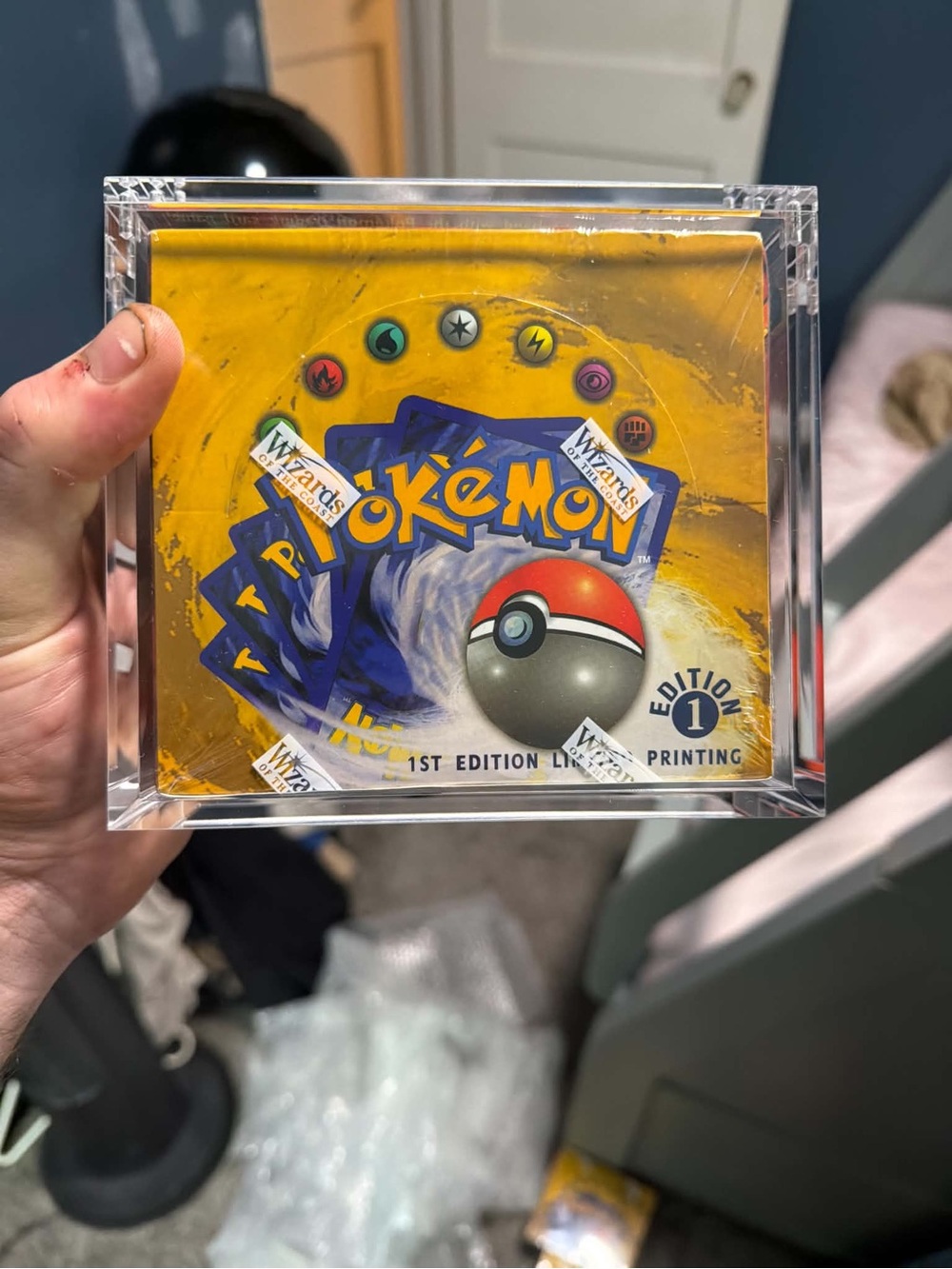 Pokémon 1st Edition Booster Box Display - Yellow/Blue proxy box with display